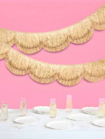 1条双层八波浪金色扇形流苏横幅，200厘米/78.74英寸，3D立体堆叠装饰横幅，金色红色流苏生日派对背景流苏花环，宴会周年纪念背景双层装饰，生日拍照背景，情人节周年纪念新年婚礼拍摄背景