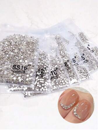 1440 piezas/Paquete Cristales de Rhinestone de Vidrio Brillante de Fondo Plano, Decoraciones de Arte de Uñas de Cristal de Vidrio Blanco Redondo Plano, Pegatinas de Uñas Acrílicas para Uñas Cortas DIY, Decoración de Uñas Postizas Prensadas, Suministros de Arte de Uñas