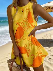Sea Starshine 2025 Women's Fashionable, Elegant And Sexy Sleeveless Yellow Random Crab Print Dress, Spring/Autumn - Yellow Orange - View 6