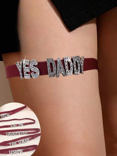 1pc Sexy Diamond Glitter Letter Elastic Thigh Garter, Punk Style Letter Print Thigh Chain, Body Jewelry Accessory