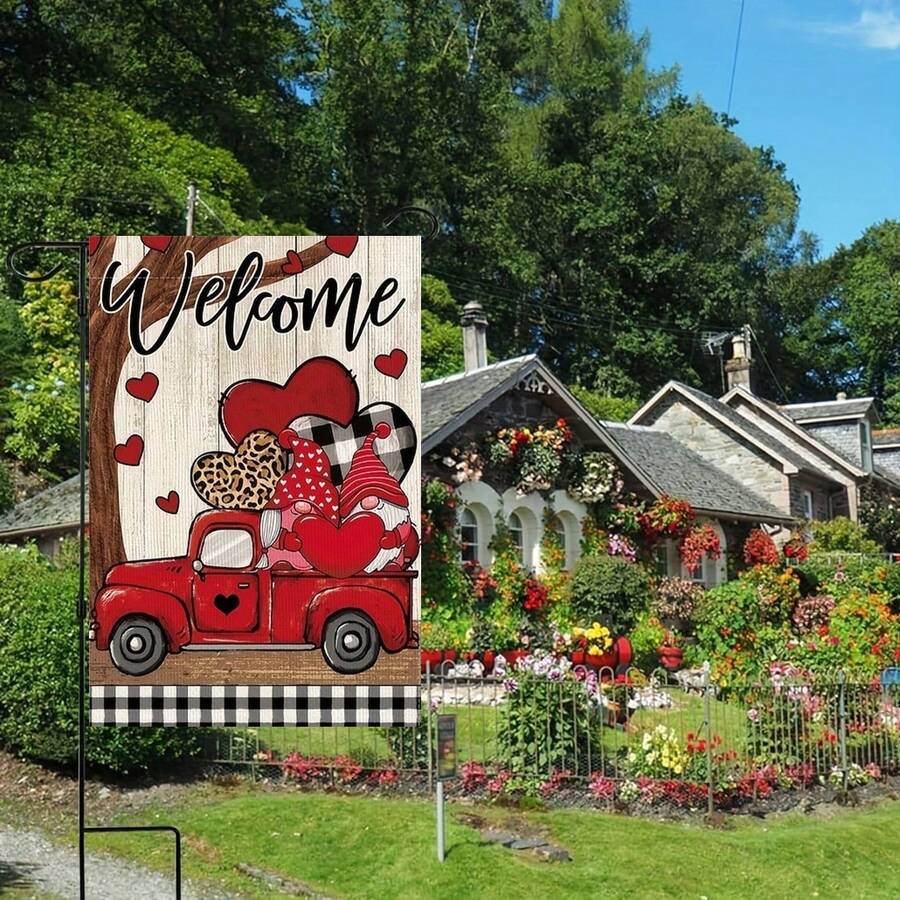 30.48 X 45.72 Cm Double-Sided Heart Truck Valentine's Day Garden Flag, Anniversary Rustic Yard Outdoor Decor - Red - View 1