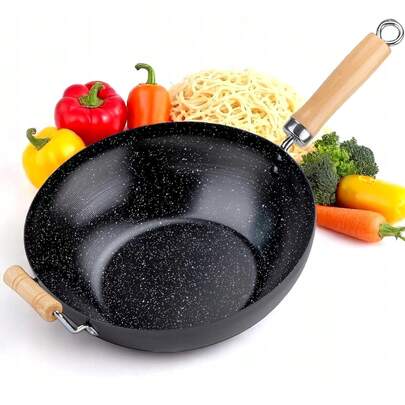 Wok in acciaio al carbonio da 28 cm – Padella antiaderente con fondo piatto per piani cottura a induzione, a gas e in ceramica – Wok resistente per cucina asiatica, cinese, tailandese, mediterranea, occidentale e di tutti i giorni – Pentole resistenti alle alte temperature per uso domestico e professionale