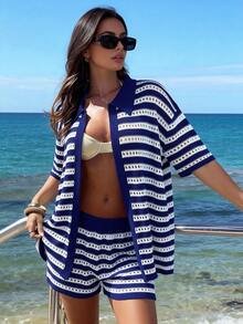 Bộ 2 áo len dệt kim sọc khoét lỗ thanh lịch, thích hợp cho kỳ nghỉ ở bãi biển - Màu xanh lam - Xem 4