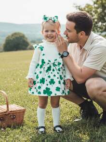 Irish Day Infant Baby Girl Spring Outfit Clover Ribbed Fake Two-Piece Long Sleeve Shorts Romper And Bow Headband 2 Piece Set Cute Leisure Festival Clothes Ideal For 3-24Months - White - View 2
