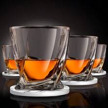 Whiskey glass set of 4. Highball rocks glass tumblers. Whiskey set perfect for bourbon cocktail scotch. Includes luxury gift box and ceramic stone coasters. 300ml capacity - Transparente - Ver 2
