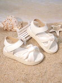 1双儿童公主优雅蝴蝶结软垫露趾魔术贴凉鞋，厚底温柔款式，适合生日派对、亲子郊游、日常上学、海滩、暑假等场合。 - 白色 - 查看 1