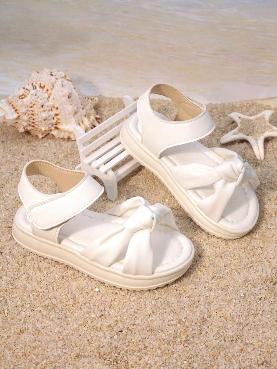 1双儿童公主优雅蝴蝶结软垫露趾魔术贴凉鞋，厚底温柔款式，适合生日派对、亲子郊游、日常上学、海滩、暑假等场合。 - 白色 - 查看 1