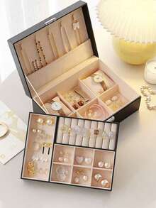 新款大容量可上锁首饰盒，双层大容量首饰收纳盒，奢华PU皮革首饰整理盒，桌面抽屉式收纳盒，可收纳项链、耳环、戒指、手表、配饰，亦可作家居装饰、梳妆托盘，节日礼物、女士礼物、圣诞礼物 - 彩色 - 查看 5