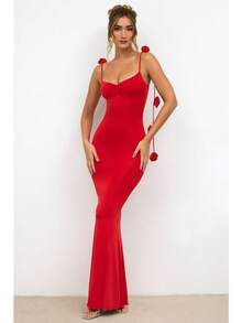 Vestidos Elegantes De Mujer Vestidos Dresses For Women Formal Dresses For Women Dresses For Women Elegant Prom Dresses Formal Dresses For Women Formal Gowns For Women Evening Elegant Sexy Evening Dress With Backless Shoulder Straps, Three-Dimensional Flower Decoration And Halter Tops - 紅色 - 查看 6