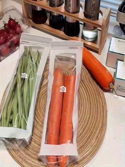 50/100个装防漏冷冻袋，密封性极佳，可重复使用且可堆叠，透明设计，适用于蔬菜、洋葱、黄瓜、面条等。 - 高品质厨房食品保鲜袋，双层密封 | 适用于水果和蔬菜 - 加厚塑料冰箱食品保鲜盒，透明设计，非常适合胡萝卜、四季豆等。 - 厨房密封袋，蔬菜保鲜袋，厨房必备用品