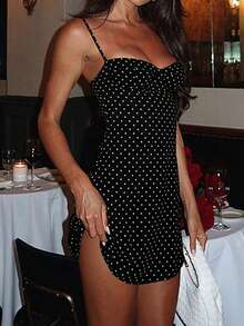 新款性感修身优雅迷你吊带裙，夏季/波点连衣裙 - 黑色 - 查看 3