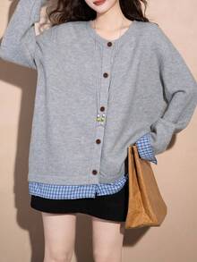 Alicedudu Women's Spring Casual Plaid Patchwork Faux Two-Piece Round Neck Knit Cardigan Sweater - Grey - View 4