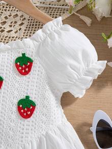 Vestido de niña de longitud hasta la rodilla, de unicolor, con mangas de princesa y dobladillo acampanado, con decoración de frutas en 3D, adecuado para primavera/verano - Blanco - Ver 7