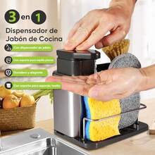 3 en 1 Dispensador de Jabón con Soporte para Esponja y Soporte para CepilloAcero Inoxidable Dispensador de Jabón para Platos Rellenable de 300 ml para Organizar el Fregadero de La Cocina