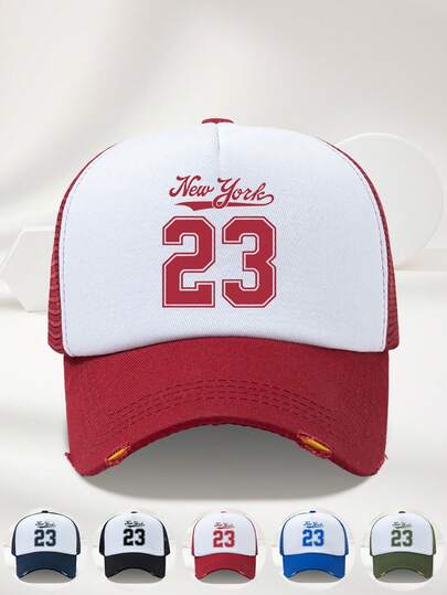 1顶男女通用撞色网眼透气休闲时尚可调节尺寸纽约标语印花做旧卡车帽，百搭棒球帽，高品质Y2K风格，适合日常佩戴、旅行、海滩、派对、节日礼物、钓鱼等场合。