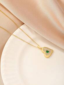 1pc Heart-Shaped Cubic Zirconia Pendant Necklace, Minimalist Elegant Unique Creative Design Fashion Jewelry, Versatile For Daily And Commute (OPP Bag Packaging) - Yellow Gold - View 3