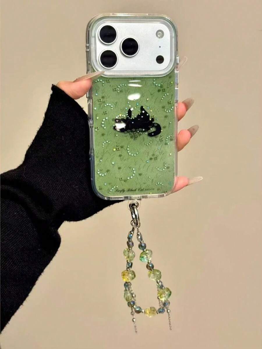 Green Grass Black Cat Glitter Phone Case Compatible With Iphone 17 Pro Max, 17, 16 Pro, 15 PM, 15, 14 Pro, Niche 14, Girly 13 Pro, Full Coverage Anti-Drop