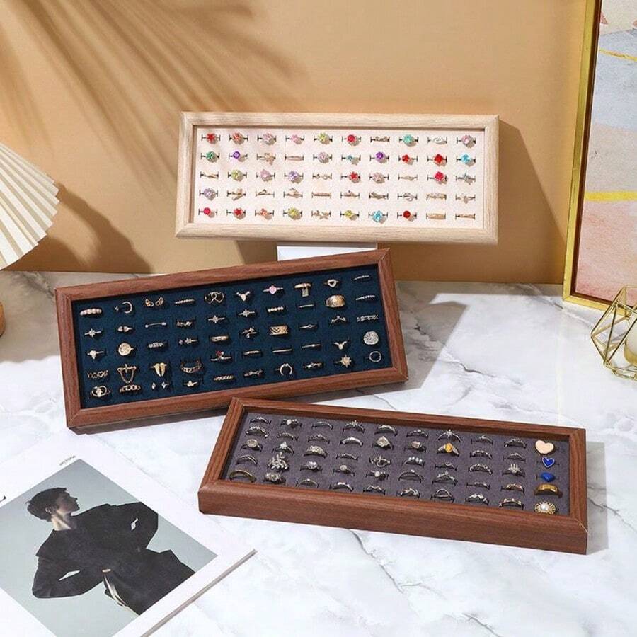1pc/2pcs Vintage Ring Tray, Creative Walnut Color Ring Earring Display Stand - 35X14X3 Wooden Jewelry Tray - View 1