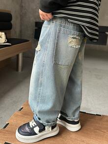 男童宽松直筒牛仔裤，带口袋和做旧设计，适合休闲、上学、户外活动和秋季穿着。 - 藍色 - 查看 7