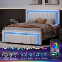Bedroom Furniture, LED Bed Frame With Velvet Upholstered Headboard, Queen Bed Frame With Modern Diamond Headboard Adjustable, Bedroom Deccor, No Box Spring Needed, Easy Assembly, (USB LED Strip) - White - View 2