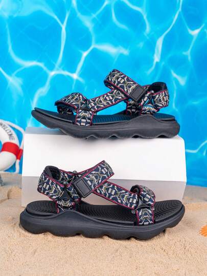 1 Pair Kids' Spring/Summer Double Buckle Classic Patterned Woven Strap Sandals, Fashion Versatile For Daily, Vacation, Casual, Beach, Shock-Absorbing & Non-Slip Outsole Sports Sandals
