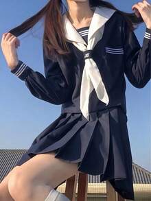1 قطعة زي تنكري على طراز المدرسة اليابانية، ملابس علوية كولونيل بحري طويلة الأكمام + تنورة مصغرة مطوية + طقم ربطة عنق، زي مدرسي على طراز JK مناسب لتصوير الصور، تنكر التخرج، موعد في الحديقة، عيد الحب، زي نادي البنات، حفل الكرنفال - متعدد الألوان - مشاهدة 2