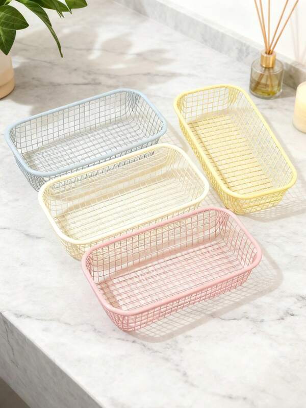 1pc Cream-Colored Iron Art Storage Basket, Minimalist White Perforated Design, Desk Organizer Box, Suitable For Office & Home, All Seasons