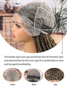32 Inches Full Double Lace Front Square Knotless Box Braided Wigs With Boho Curls Ends Black Mix Brown Box Braids Wig With Baby Hair For American Women Synthetic Lace Frontal Braid Wigs Daily Used Christmas , New Year, Carnival, Music Festival