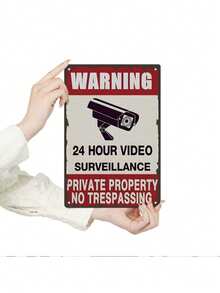 1pc "Warning: 24-Hour Video Surveillance" Metal Sign, Private Property No Trespassing Sign, Durable Aluminum Safety Sign, Suitable For Home, Farm, Yard Fence And Gate - Multicolor - View 4