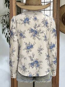 4-Season Floral Print Western Long Sleeve Shirt, Inspired By Blue & White Porcelain Flower Pattern, Button Front Collared Relaxed Fit Spring Vacation - Blue and White - View 6