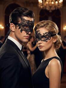 2pcs Black Lace Masquerade Mask Set, Sexy Vintage Style Half Face Mask With Tie, Unisex Suitable For Party, Ball, All Seasons - Multicolor - View 3
