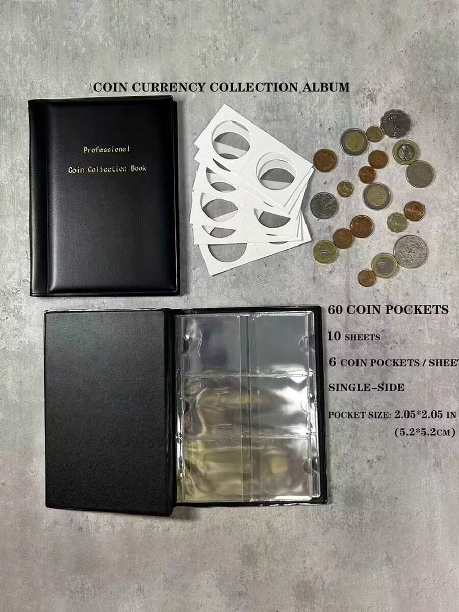 1 Buah Album Koleksi Koin Antik Hitam 60 Koin, Buku Penyimpanan Koin Serbaguna dengan Sampul Lengan Tetap untuk Memajang dan Melindungi Koin bagi Kolektor (Hanya Dapat Digunakan dengan Klip Kertas)