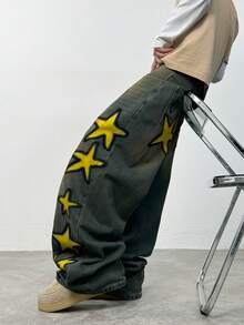 1件 Justice Brother 复古印花男士宽松阔腿牛仔裤，休闲品牌裤装（不含腰带和配饰） - 藍色 - 查看 5