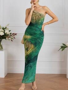 女士优雅不对称领口无袖褶饰开衩中长款鸡尾酒会连衣裙