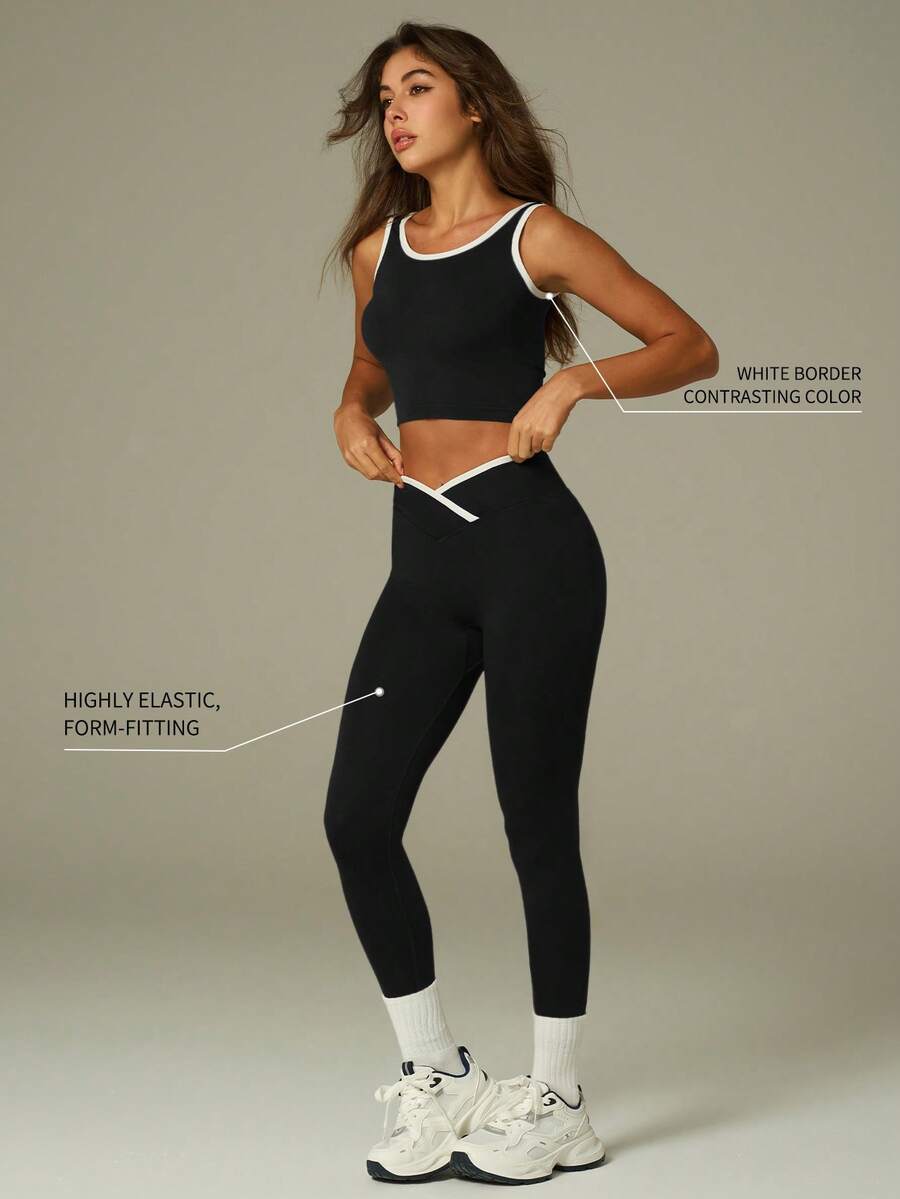 UONNOU 2pcs/Set Women's Sleeveless Top And Leggings Activewear Set, Featuring Peach-Shaped Lifting, Cinched Waist Design, Soft And Comfortable Fabric, Suitable For Tennis, Golf, Badminton, Ball Sports, Yoga, Pilates, Light Exercise, Gym Workout, Running, Outdoor Leisure, Commuting, Work, Shopping And Various Sports Occasions, Fashionable Seamless Sportswear Set, Suitable For All Seasons