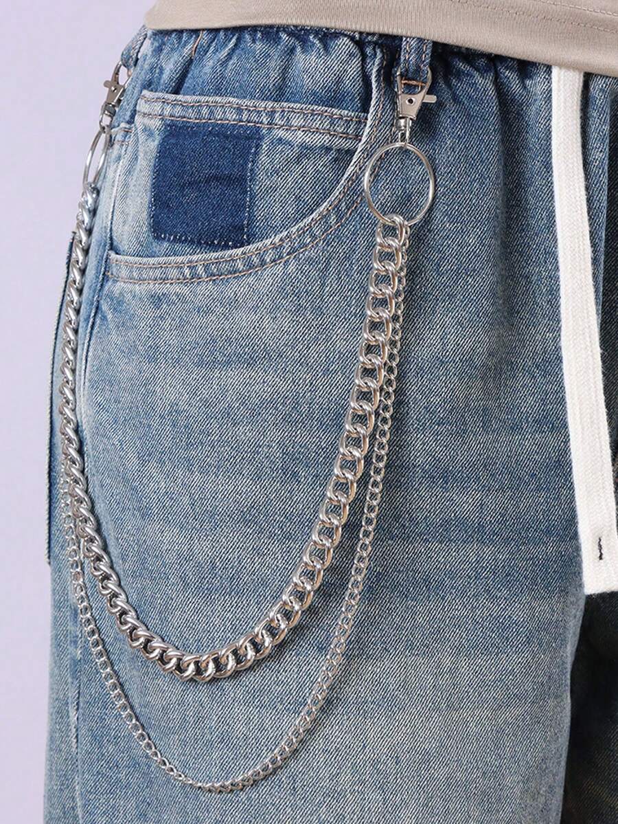 1件装时尚个性双层金属链牛仔裤吊带，百搭朋克风双层裤链，适合日常穿着