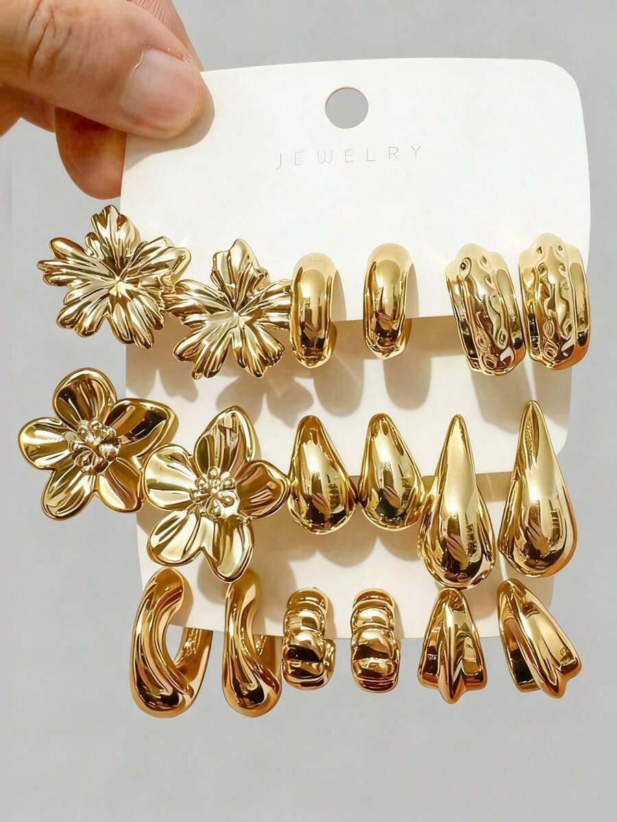 6/18pcs Fashionable Eternal Flower Five-Petal Flower Earrings Set Exaggerated C-Shape Jewelry For Women Daily Holiday Occasions - 金色 - 查看 1