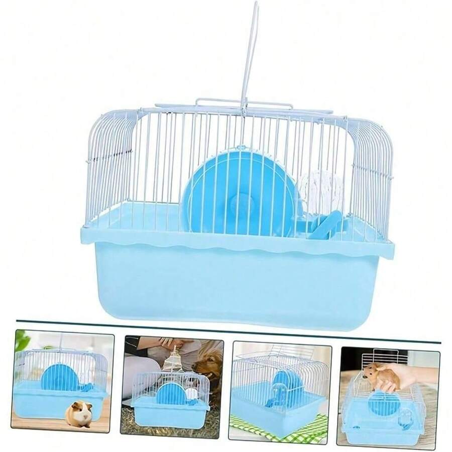 Juego de jaula portátil para hámster - Con rueda de ejercicio, botella de agua, comedero, asa, material de PVC resistente, hábitat para mascotas pequeñas - Multicolor - Ver 1