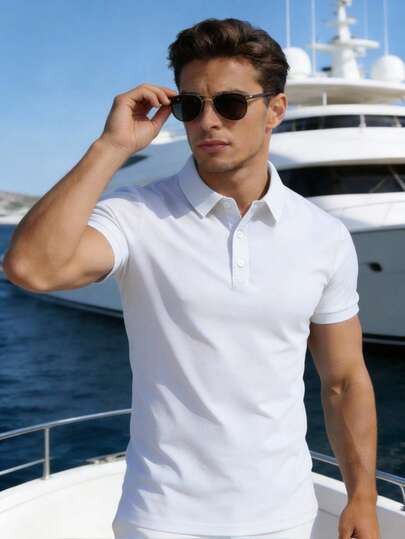 男士纯色透气时尚休闲商务跑步健身弹力POLO衫，男友风白色夏季款
