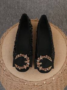 Giày ba lê nữ, giày lười mũi vuông đế mềm thời trang, giày bệt đa năng, giày lười đế bằng đính hạt màu đen, size lớn, cỡ 35-43. - Kim sa đen (đá quý hình chữ C) - Xem 3