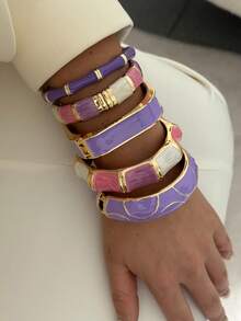 Enamel Patchwork Metal Bracelet, Luxury Purple & Pink Contrast Multi-Layer Open Cuff Bracelet For Women - Purple Powder - View 2