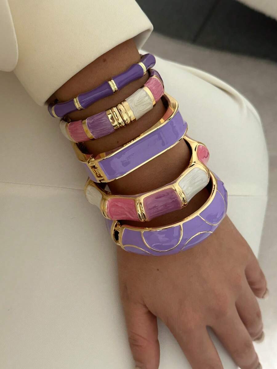 Enamel Patchwork Metal Bracelet, Luxury Purple & Pink Contrast Multi-Layer Open Cuff Bracelet For Women