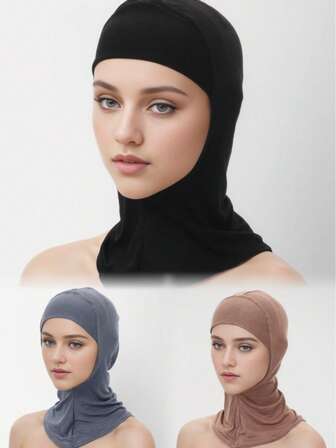 3ชิ้น ชุดเซ็ตคอมโบสีพื้นแฟชั่นสตรี, ผ้าคลุมคางยางยืด, ผ้าคลุมฮิญาบสะดวกสบาย, ผ้าคลุมศีรษะ, ชุดอาบายา, เหมาะสำหรับสวมใส่ในชีวิตประจำวัน