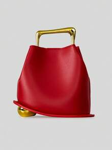 时尚金属手柄不对称水桶包，设计师女士手提包，奢华PU皮革单肩斜挎包，小号托特包 - 彩色 - 查看 16