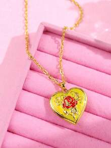 Mặt dây chuyền hình trái tim lãng mạn đính cánh hoa hồng, khung ảnh kỷ niệm kiểu cổ điển, thích hợp làm quà tặng cho mẹ, bạn bè, người yêu, quà sinh nhật (Không bao gồm hộp đựng trang sức). - Nhiều màu - Xem 13