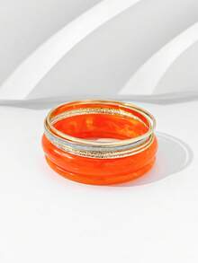 Set de 6 piezas de pulseras minimalistas de metal y resina de moda para mujer, aptas para uso diario - Naranja - Ver 5