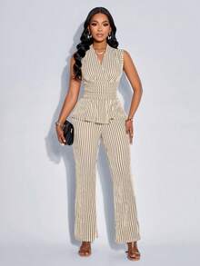 Ladies' Sexy And Elegant Apricot And Black Striped Sleeveless V-Neck Slim Fit Top And High Waisted Straight Leg Pants Two Pieces Set, Suitable For Fashionable Dressing In Various Occasions Such As Office, Business And Leisure - Apricot - View 6