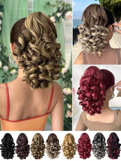 14-Inch Deep Wave Heat Resistant Synthetic Claw Ponytail Wig, Available In Black, Brown, Ombre Brown, Gray, Suitable For Women To Wear On Christmas, Halloween, Music Festivals, Parties And Daily Use