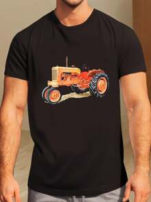 Camiseta gráfica retro de tractor para hombres - Algodón cómodo. Manga corta. Camiseta de Cuello Redondo para Uso Casual de Verano. Tractor retro. Camiseta. Informal. Cómodo - Negro - Ver 1