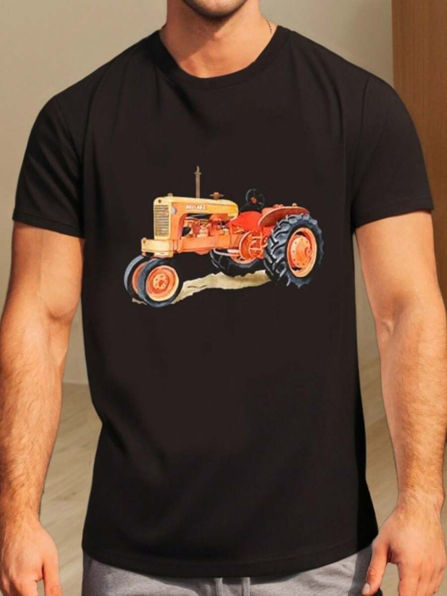 Camiseta gráfica retro de tractor para hombres - Algodón cómodo. Manga corta. Camiseta de Cuello Redondo para Uso Casual de Verano. Tractor retro. Camiseta. Informal. Cómodo - Negro - Ver 1